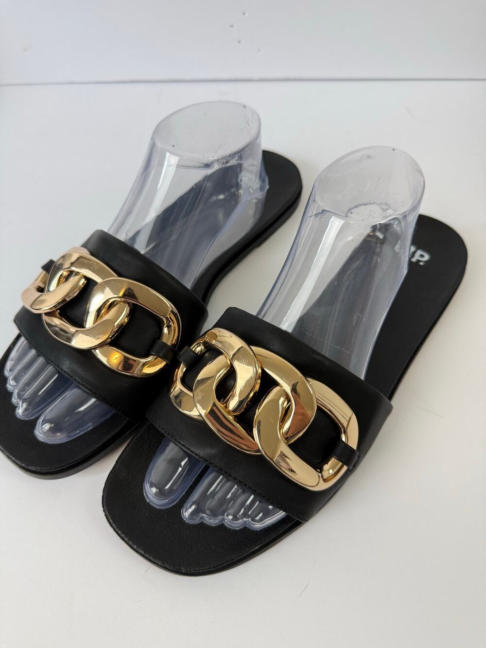 BP Nordstrom NWOT Serafina Black and Gold Chain Link Slide Sandal Faux Leather